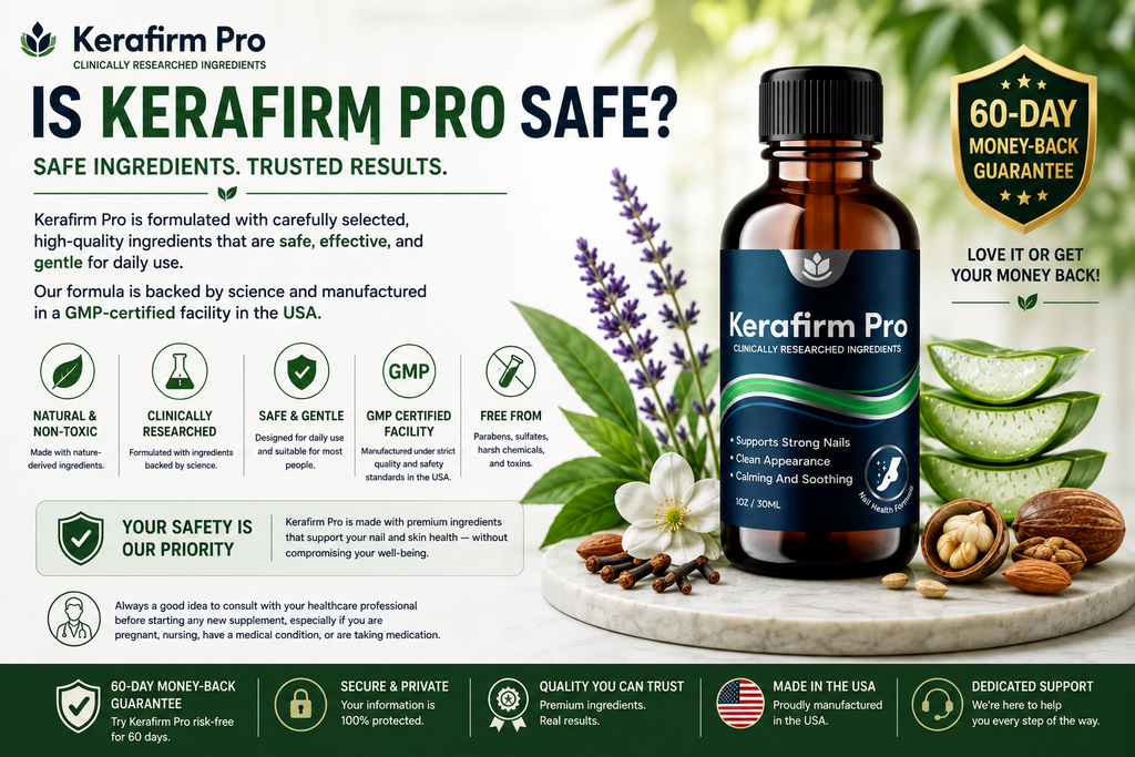 Is Kerafirm Pro safe infographic with product bottle, ingredient safety information, and 60-day money-back guarantee