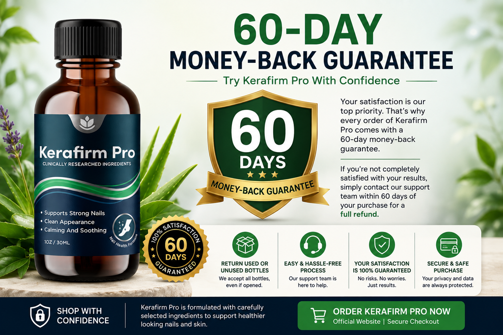 Kerafirm Pro 60-day money-back guarantee with product bottle and refund information