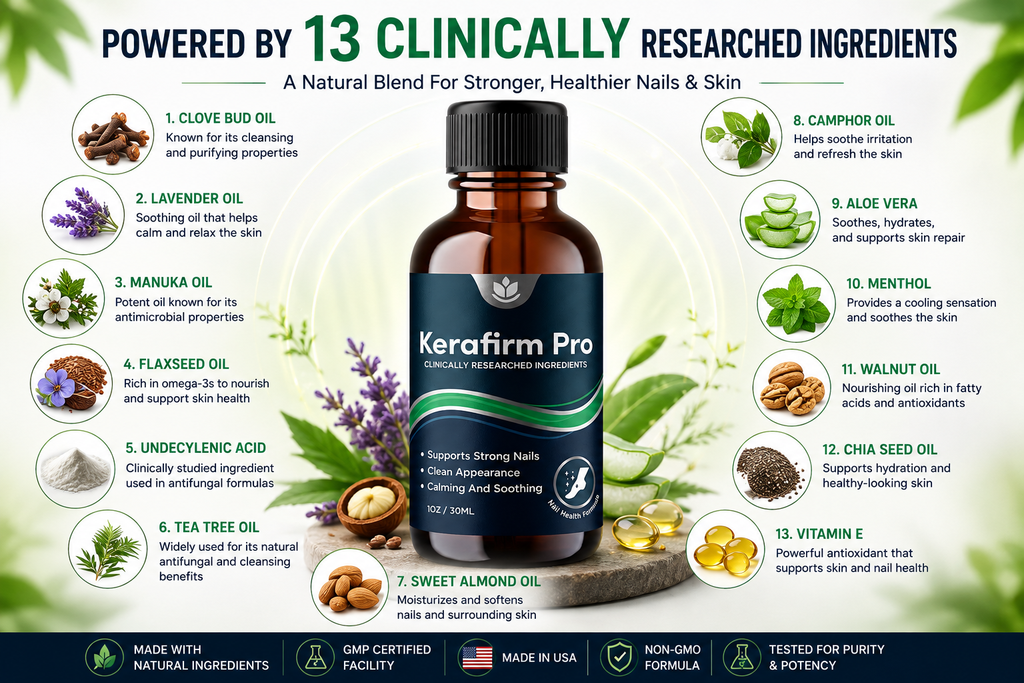 Kerafirm Pro ingredients infographic showing 13 ingredients including tea tree oil, aloe vera, undecylenic acid, and vitamin E