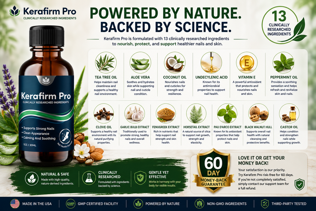 Kerafirm Pro ingredients page showing the topical nail formula, ingredient blend, and 60-day money-back guarantee